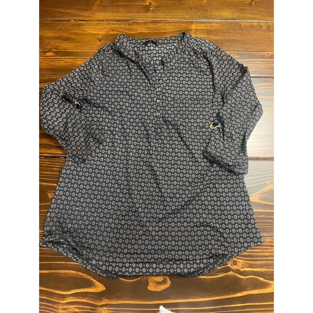 MAX Shirt Womens Size UK 16 Black Brown Floral Long Sleeve 1/4 Button Pocket